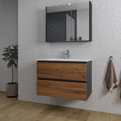 Adema Industrial 2.0 Ensemble de meuble - 80x45x55cm - 1 vasque ovale en céramique blanche - 1 trou de robinet - armoire de toilette noire - bois/noir