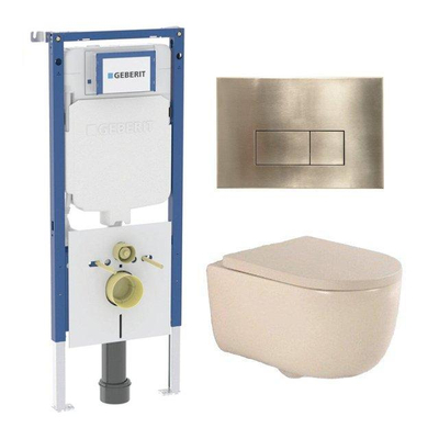 QeramiQ Dely Swirl Toiletset - 36.3x51.7cm - Geberit UP720 Duofix Sigma inbouwreservoir - 35mm zitting - geborsteld messing bedieningsplaat - rechthoekige knoppen - beige