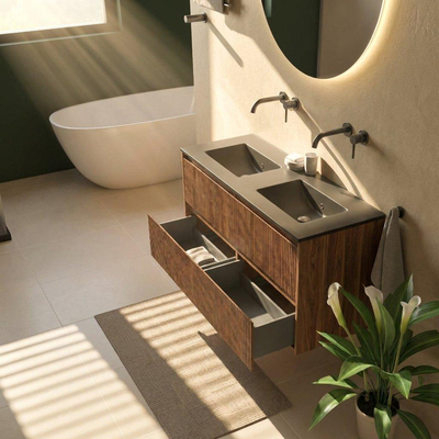 Saniclass Holz Atelier Ensemble de meubles de salle de bains - 120x45x62cm - Lavabo Vygo en céramique noir - 2 vasques - sans trous de robinetterie - 2 tiroirs - walnut pure mat (bois)