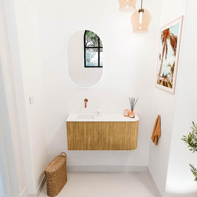 Mondiaz JOYA 91.6cm toiletmeubel - ronding rechts kleur Oak - Wastafel FAYE positie Links Zonder kraangat kleur Talc.
