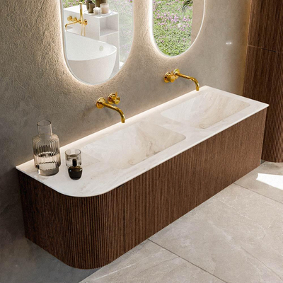 MONDIAZ KURVE-DLUX meuble de salle de bains 145 cm avec module 25 L couleur Walnut avec 1 tiroir et 1 porte. Lavabo LEAF double / à droite sans trou de robinet couleur Frappe.