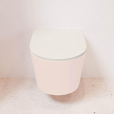 Mondiaz LAVIE hangtoilet – spoelrandloos – 36 x 53 cm – met softclose zitting – Rosee (roze), zitting Linen (offwhite)