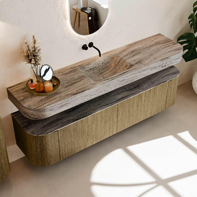 MONDIAZ THOR-DLUX Meuble de salle de bains 190cm arrondi gauche + droite couleur Dusk avec 2 tiroirs et 2 portes. Vasque suspendue CLOUD Milieu sans trou de robinet couleur Oza.