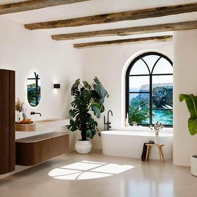 MONDIAZ THOR-DLUX 150cm meuble de salle de bains arrondi gauche + droite couleur Walnut avec 1 tiroir et 2 portes. Vasque suspendue CLOUD Centre sans trou de robinet couleur Saba.