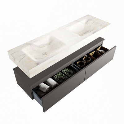 Mondiaz ALAN-DLUX Ensemble de meuble - 150cm - meuble Dark grey mat - 2 tiroirs - Lavabo Cloud Ostra suspendu - vasque gauche et droite - 0 trous de robinet