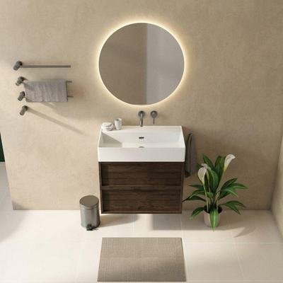 Saniclass Holz Frame Ensemble de meubles de salle de bains - 80x45x72cm - Legend lavabo en céramique blanc mat - 1 vasque - sans trou de robinetterie - 2 tiroirs - chêne charcoal mat (bois)