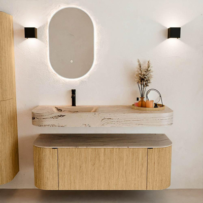 MONDIAZ THOR-DLUX 130cm meuble de salle de bains arrondi gauche + droite couleur Oak avec 1 tiroir et 2 portes. Vasque suspendue CLOUD Gauche 1 trou de robinet couleur Arena.
