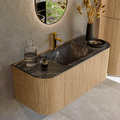 MONDIAZ KURVE-DLUX 110cm Meuble salle de bain avec module 25 G et D - couleur Oak - 1 tiroir - 2 portes - vasque CLOUD centre - 1 trou de robinet - couleur Lava