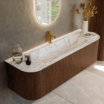 MONDIAZ KURVE-DLUX 150cm badmeubel met module 25 Len R kleur Walnut met 1 lade en 2 deuren. Wastafel BIG MEDIUM midden 1 kraangat kleur Glace.