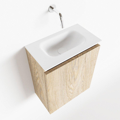 MONDIAZ TURE Kit lave-mains - 40x23x50cm - 0 trous de robinet - 1 porte - chêne blanchi mat - Lavabo centré - Solid Surface Blanc