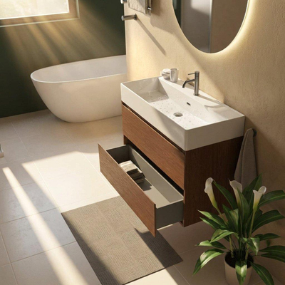Saniclass Holz Pure Ensemble meuble de salle de bains - 100x45x72cm - Legend lavabo en céramique blanc - 1 vasque - 1 trou de robinetterie - 2 tiroirs - noyer pure mat (bois)