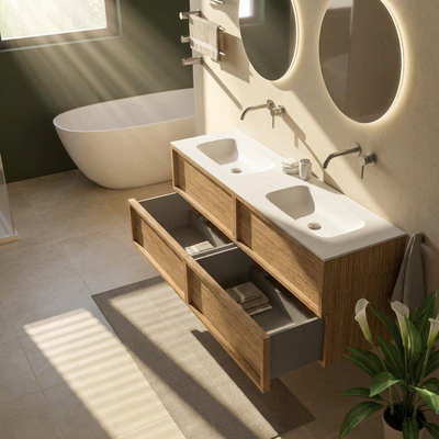 Saniclass Holz Frame Ensemble de meubles de salle de bains - 160x45x61.5cm - Flow lavabo en solid surface blanc - 2 vasques - sans trous de robinetterie - 4 tiroirs - chêne natural mat (bois)