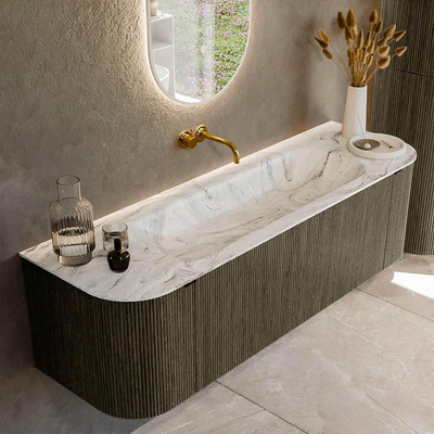 Mondiaz KURVE-DLUX Ensemble de meuble salle de bain - 150x46x40cm - 1 tiroir - 2 portes - lavabo en solid surface - milieu - sans trou de robinet - Shadow