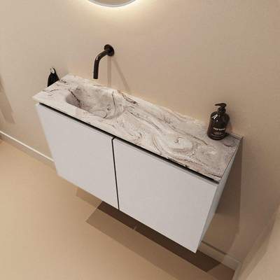 MONDIAZ TURE-DLUX Meuble de toilette 80 cm Linen. Lavabo EDEN Glace position gauche. Sans trou de robinet.