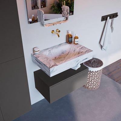 Mondiaz ALAN-DLUX Ensemble de meuble - 70cm - meuble Dark grey mat - 1 tiroir - Lavabo Cloud Glace suspendu - vasque Centre - 0 trous de robinet
