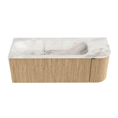 MONDIAZ KURVE-DLUX meuble de salle de bains 125 cm avec module 25 R couleur Oak avec 1 tiroir et 1 porte. Lavabo BIG MEDIUM gauche 1 trou de robinet couleur Frappe.