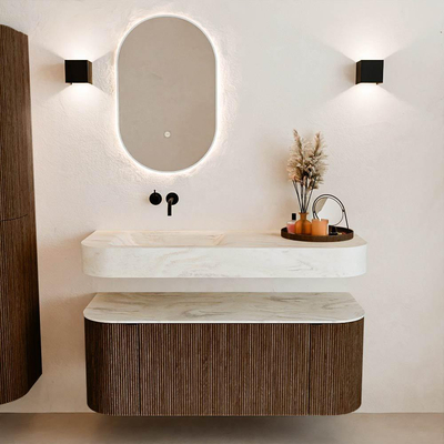 MONDIAZ THOR-DLUX 120cm badmeubel ronding links + rechts kleur Walnut met 1 lade en 2 deuren. Vrijhangende wastafel CLOUD Links zonder kraangat kleur Ostra.