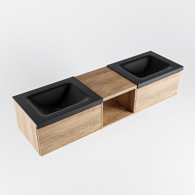 MONDIAZ BUKLA 160cm meuble de salle de bain avec module ouvert 40 couleur Chêne blanchi avec 2 tiroirs. Lavabo CLOUD double 0 trou de robinet couleur Urbain.