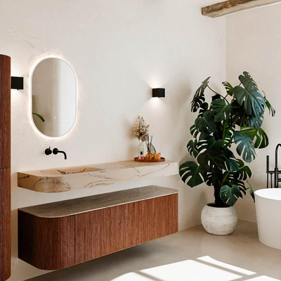 MONDIAZ THOR-DLUX 160cm meuble de salle de bains arrondi gauche + droite couleur Ruby avec 1 tiroir et 2 portes. Vasque suspendue CLOUD gauche sans trou de robinet couleur Arena.