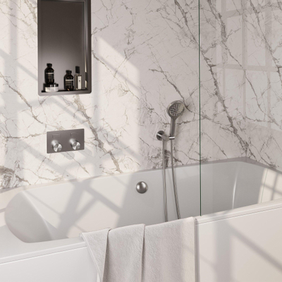 BRAUER Stripe Thermostatische Badkraan - drukknoppen - SET 04 - inbouw - badvulcombinatie - 3-standen handdouche - doucheslang - wandaansluitbocht - RVS-kleurig geborsteld PVD