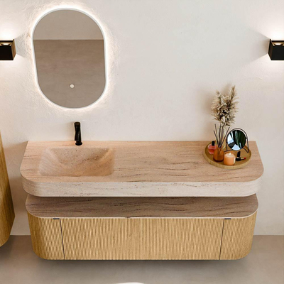 MONDIAZ THOR-DLUX 160cm meuble de salle de bains arrondi gauche + droite couleur Oak avec 1 tiroir et 2 portes. Vasque suspendue CLOUD Gauche 1 trou de robinet couleur Saba.