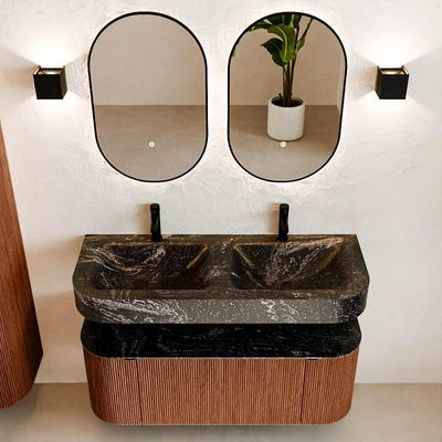 MONDIAZ THOR-DLUX 120cm meuble de salle de bains arrondi gauche + droite couleur Ruby avec 1 tiroir et 2 portes. Vasque suspendue CLOUD Double 2 trous de robinet couleur Lava.