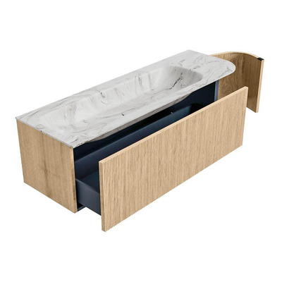 MONDIAZ KURVE-DLUX 145cm meuble de salle de bains avec module 25 R couleur chêne avec 1 tiroir et 1 porte. Vasque BIG LARGE gauche 1 trou de robinet couleur Glace.
