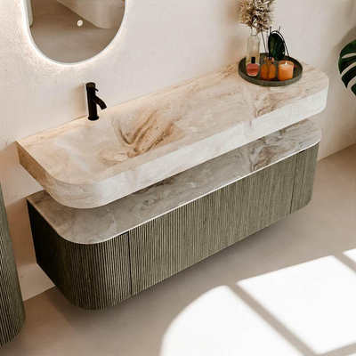 MONDIAZ THOR-DLUX 150cm meuble de salle de bains arrondi gauche + droite couleur Shadow avec 1 tiroir et 2 portes. Vasque suspendue CLOUD Gauche 1 trou de robinet couleur Frappe.