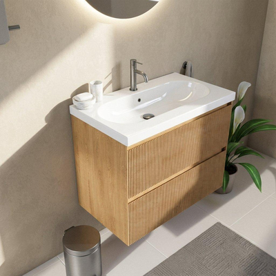 Saniclass Holz Atelier Ensemble de meubles de salle de bains - 80x45x63.5cm - Lavabo en céramique Palermo blanc - 1 vasque - 1 trou de robinetterie - 2 tiroirs - chêne naturel mat (bois)