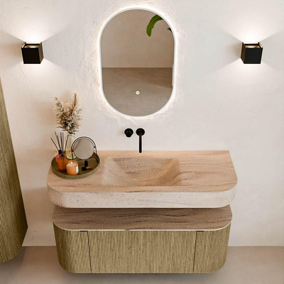 MONDIAZ THOR-DLUX 120cm meuble de salle de bains arrondi gauche + droite couleur Dusk avec 1 tiroir et 2 portes. Vasque suspendue CLOUD Milieu sans trou de robinet couleur Saba.