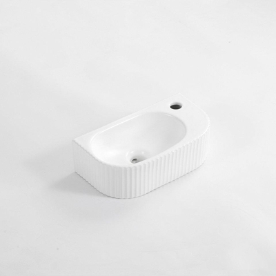 Fugaflow Efficiente Pietra Ensemble de fontaine - 40x21,5x12cm - droite - rainuré - demi-ronde - 1 trou de robinet - céramique - robinet de fontaine cuivre brossé - bouchon de vidange - siphon abaissé - blanc mat