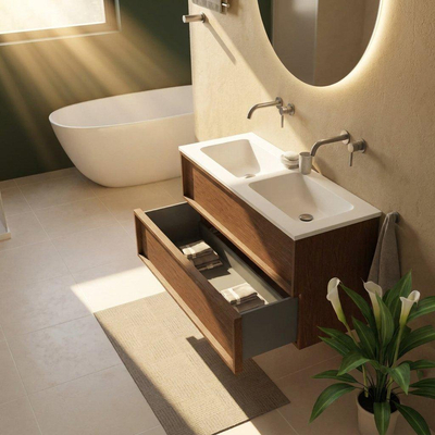 Saniclass Holz Frame Ensemble meuble de salle de bains - 120x45x77.5cm - lavabo Torino en solid surface blanc - sans trou de robinet - 2 tiroirs - walnut pure mat (bois)