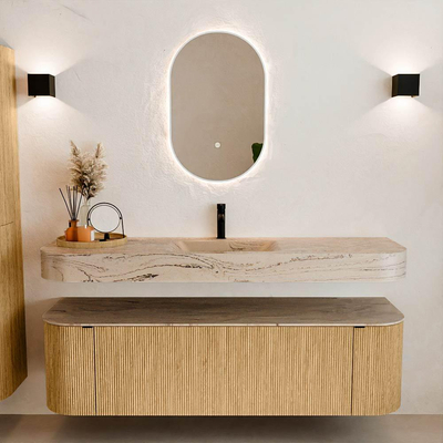 MONDIAZ THOR-DLUX 160cm badmeubel ronding links + rechts kleur Oak met 1 lade en 2 deuren. Vrijhangende wastafel CLOUD Midden 1 kraangat kleur Arena.