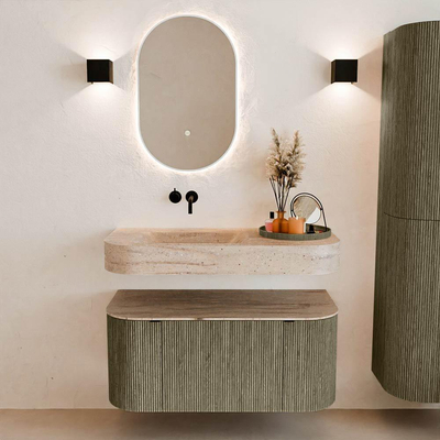 MONDIAZ THOR-DLUX 100cm meuble de salle de bains arrondi gauche + droite couleur Shadow avec 1 tiroir et 2 portes. Vasque suspendue CLOUD gauche sans trou de robinet couleur Saba.