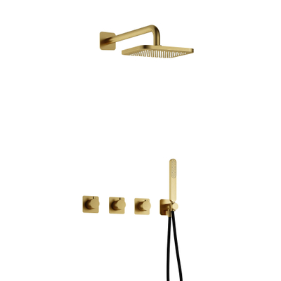 Hotbath Gal IBSGL70 Ensemble de douche encastré thermostatique - 2 robinets d'arrêt - bras mural 35cm - douche de tête carrée 22cm - douchette barre - laiton brossé PVD