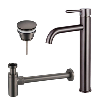 FortiFura Calvi Slim Kit mitigeur lavabo - robinet rehaussé - bonde clic clac - siphon design - PVD Gunmetal