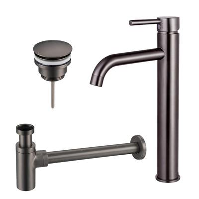 Fortifura Calvi Wastafelkraanset - verhoogde wastafelkraan - klikwaste plug - design - sifon - PVD - geborsteld gunmetal (antraciet)