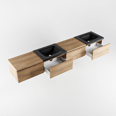 MONDIAZ BUKLA Meuble de salle de bains 240cm avec module 60 à gauche couleur Washed Oak avec 4 tiroirs. Lavabo CLOUD double 2 trous de robinet couleur Urban.