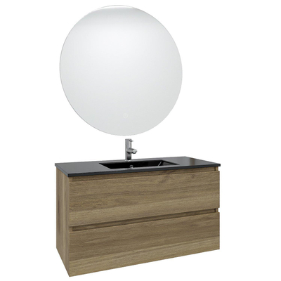 Saniclass Chaci Ensemble meuble de salle de bains - 100x46x55cm - lavabo céramique noir - 1 vasque - 1 trou de robinet - 2 tiroirs - miroir rond avec éclairage - chêne