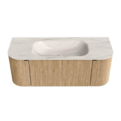 MONDIAZ KURVE-DLUX Meuble de salle de bains 120 cm arrondi Gauche + Droite couleur Chêne avec 1 tiroir et 2 portes. Lavabo BIG SMALL Central 1 trou de robinet Meli.