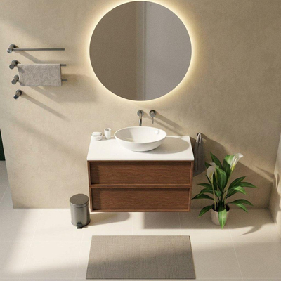 Saniclass Holz Frame Ensemble meuble de salle de bains - 100x45x62.5cm - plan de travail Torino en solid surface blanc - sans trou de robinetterie - 2 tiroirs - walnut pure mat (bois)