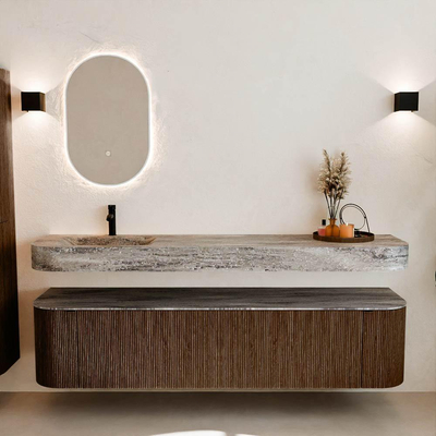 MONDIAZ THOR-DLUX 190cm badmeubel ronding links + rechts kleur Walnut met 2 lades en 2 deuren. Vrijhangende wastafel CLOUD Links 1 kraangat kleur Oza.