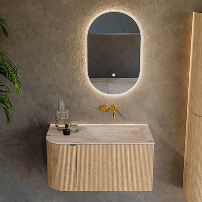 MONDIAZ KURVE-DLUX 85cm badmeubel ronding Links kleur Oak met 1 lade en 1 deur. Wastafel CLOUD Rechts zonder kraangat Nata.