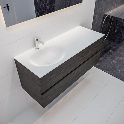 ENSEMBLE DE MEUBLE MONDIAZ VICA - 120cm - 2 tiroirs - lavabo Moon gauche - 1 trou de robinet - solid surface marron foncé