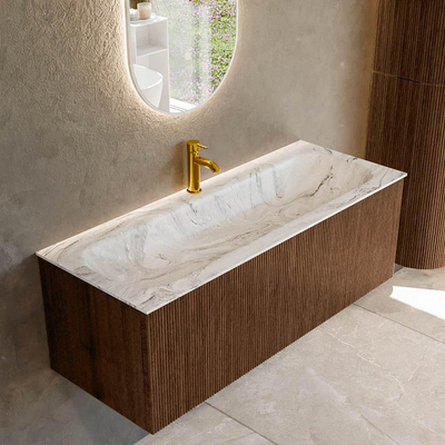 MONDIAZ KURVE-DLUX 120cm badmeubel kleur Walnut met 1 lade. Wastafel BIG LARGE midden 1 kraangat kleur Glace.