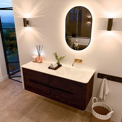 Mondiaz CIRO-DLUX Badkamermeubelset - 130x45x50cm - Solid surface wastafel Opalo - 1 wasbak Rechts - zonder kraangaten - 4 lades - Walnut