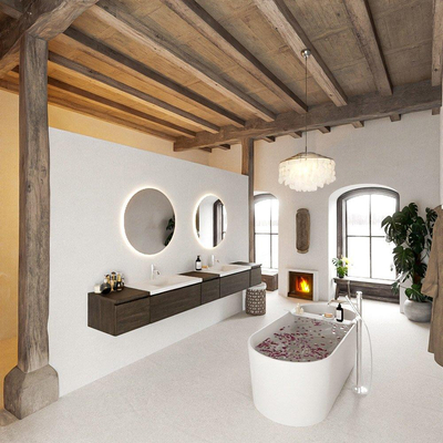 MONDIAZ BUKLA 280cm ensemble de meuble avec module 40 couleur Marron Foncé avec 5 tiroirs. Lavabo CLOUD double 2 trous de robinet couleur Talc.