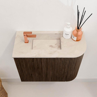 Mondiaz JOYA-DLUX 51.6cm toiletmeubel - ronding rechts kleur Walnut - Wastafel FAYE positie Links 1 kraangat kleur Frappe.