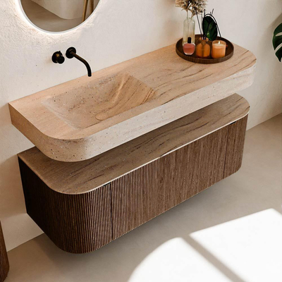 MONDIAZ THOR-DLUX 130cm badmeubel ronding links + rechts kleur Walnut met 1 lade en 2 deuren. Vrijhangende wastafel CLOUD Links zonder kraangat kleur Saba.