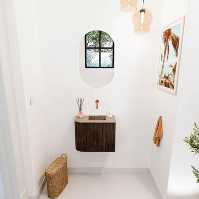Mondiaz JOYA-DLUX 51.6cm toiletmeubel - ronding links kleur Walnut - Wastafel FAYE positie Rechts Zonder kraangat kleur Arena.